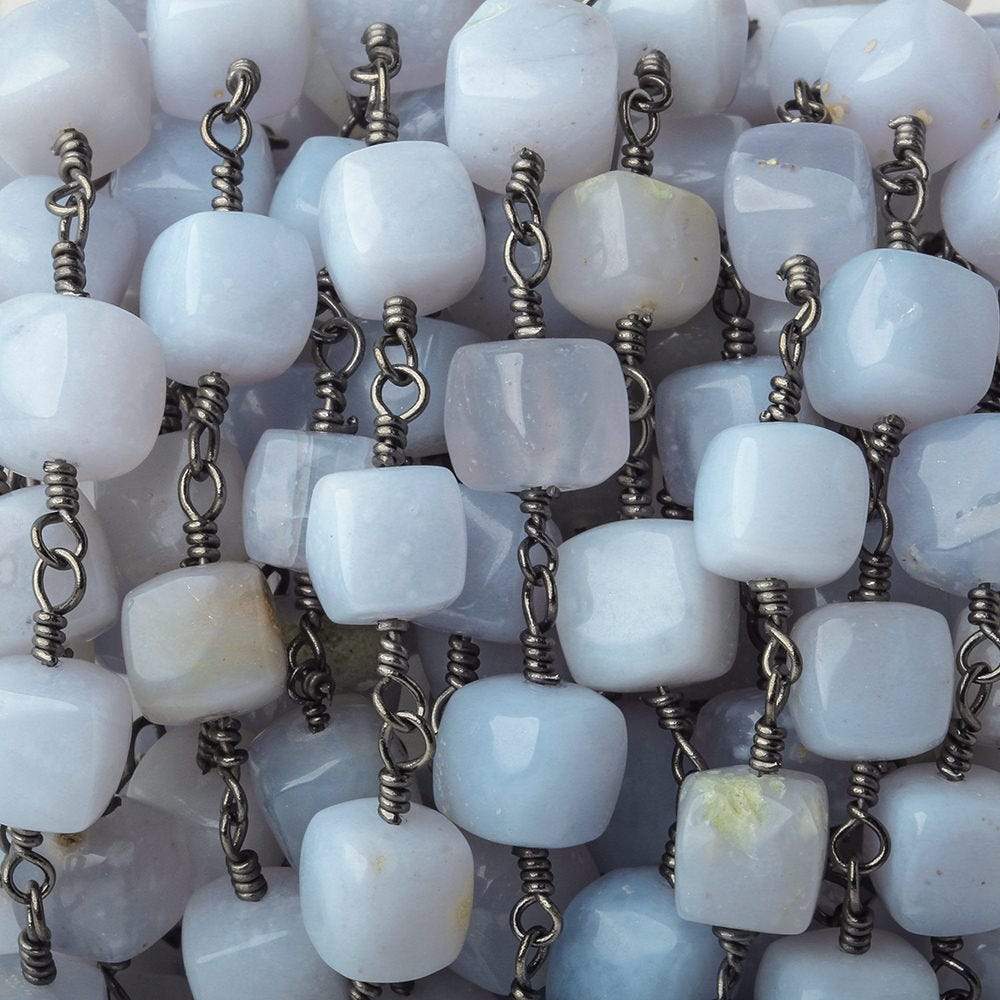  7x7-8.5x8.5mm Turkish Blue Chalcedony plain cube Black Gold plated Chain by the foot 
