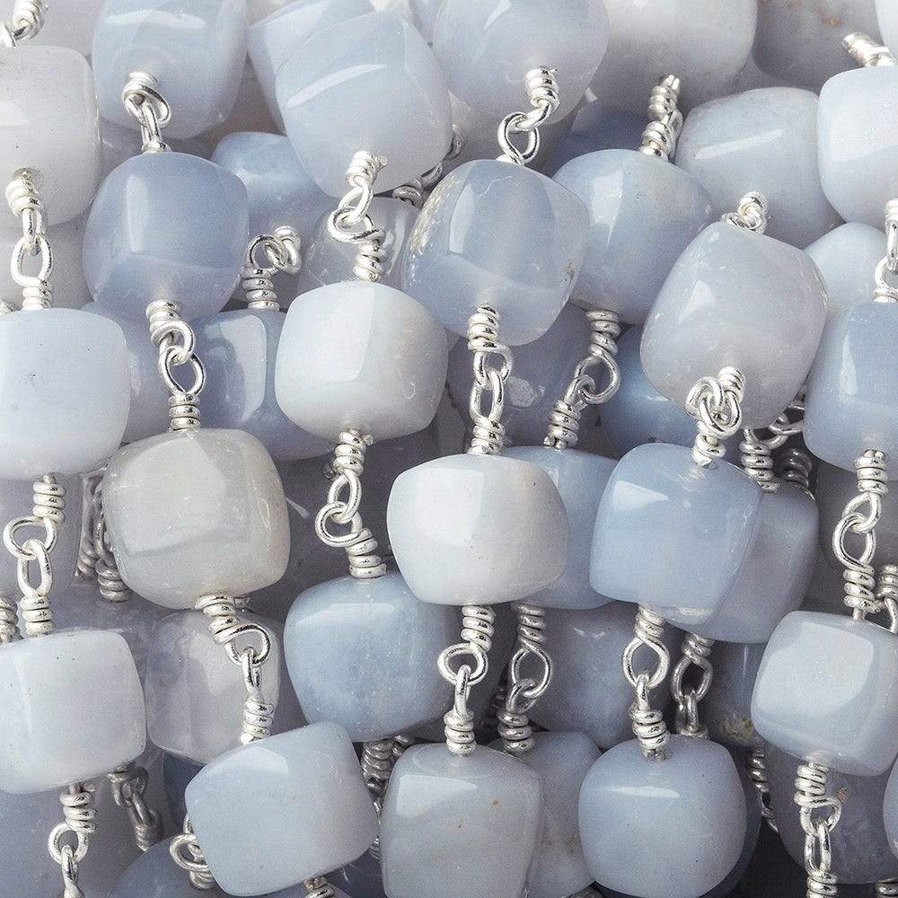  7x7-8.5x8.5mm Turkish Blue Chalcedony plain cube Silver plated Chain by the foot 