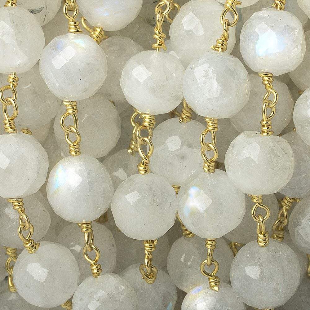  8-8.5mm Rainbow Moonstone faceted round Gold Chain by the foot 22 pieces 