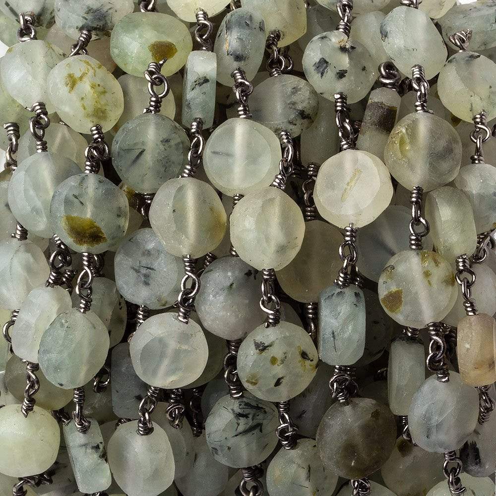  8-9mm Matte Dendritic Prehnite plain coin Black Gold plated Chain by the foot 