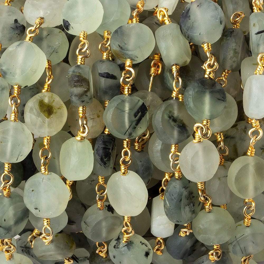  8-9mm Matte Dendritic Prehnite plain coin Gold plated Chain by the foot 