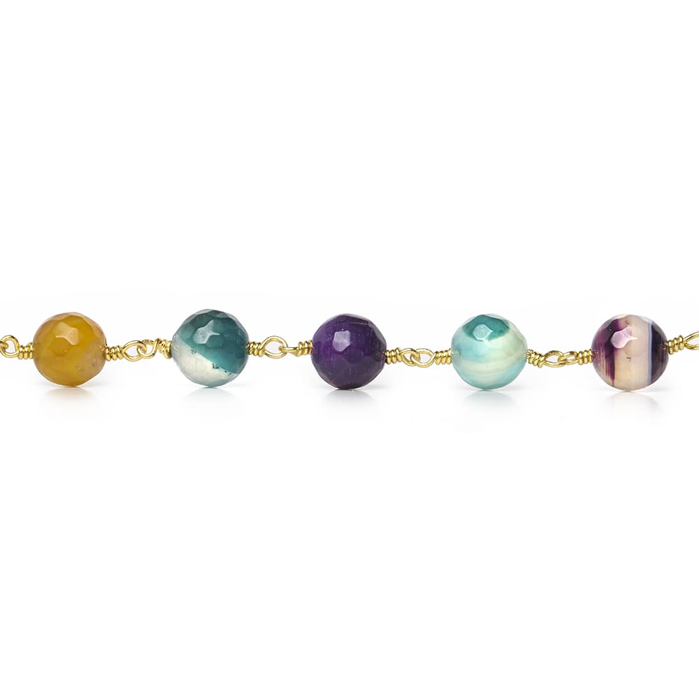  8mm Multi Color Festive Agate faceted round Gold Chain by the foot 21 beads 
