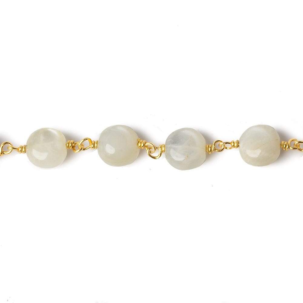  8mm White Moonstone puffy coin Vermeil Chain by the foot 23 beads 