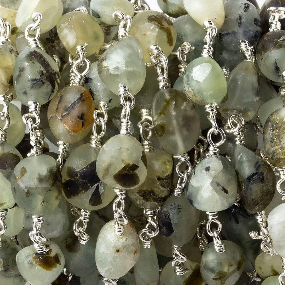  8x7-12x9mm Matte Dendritic Prehnite plain nugget Silver plated Chain by the foot 