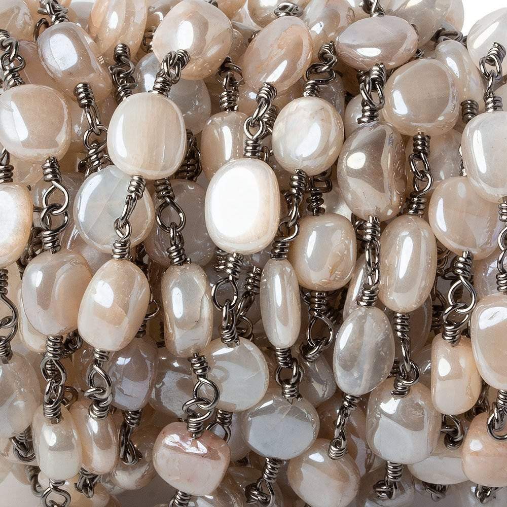  8x8-10x8mm Mystic Grey Moonstone plain nugget Black Gold plated Chain by the foot 