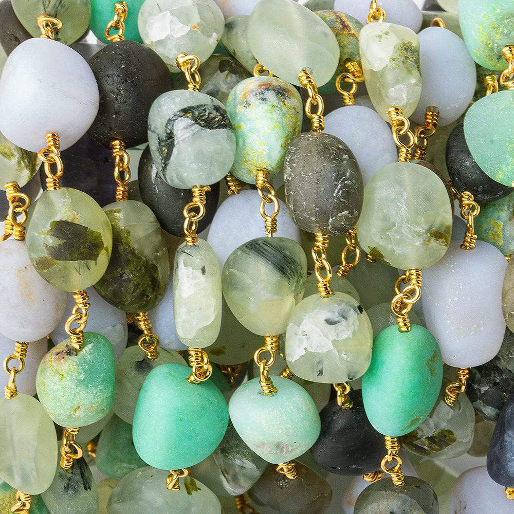  8x8-12x10mm Matte Multi Gemstone plain nugget Gold plated Chain by the foot 20 beads per 