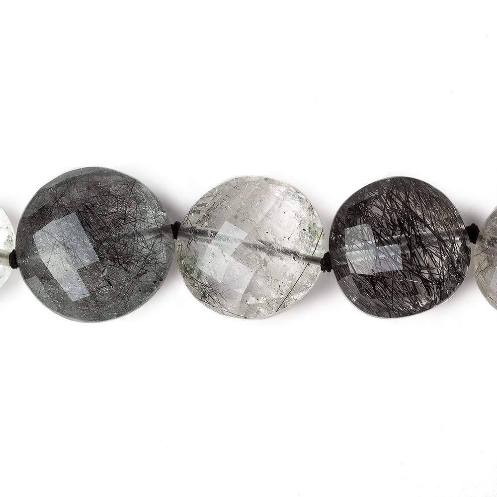  9-16mm Black Tourmalinated Quartz faceted coin beads 19 inch 39 pieces AA 