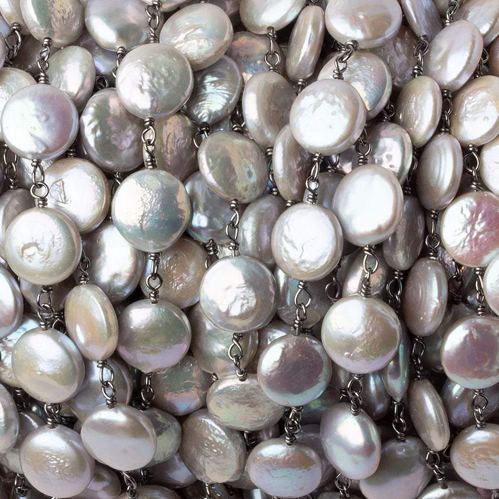  9-9.5mm Silver iridescent Coin Pearl Black Gold .925 Chain 