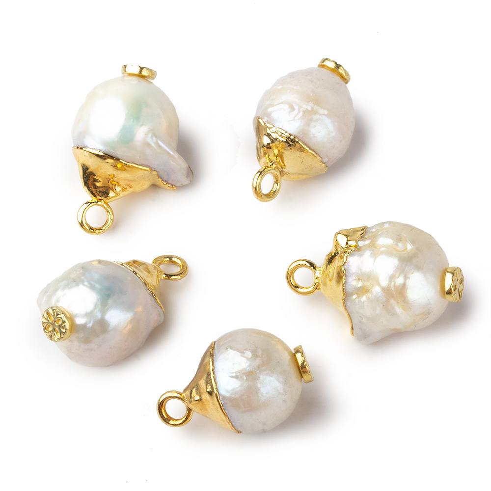 9.5mm Gold Leafed White Round Freshwater Pearl Pendant Focal Bead 1 piece 