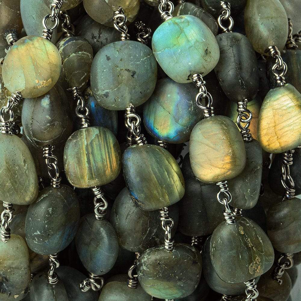  9x10-14x10mm Matte Labradorite plain nugget Black Gold plated Chain by the foot 17 beads per 