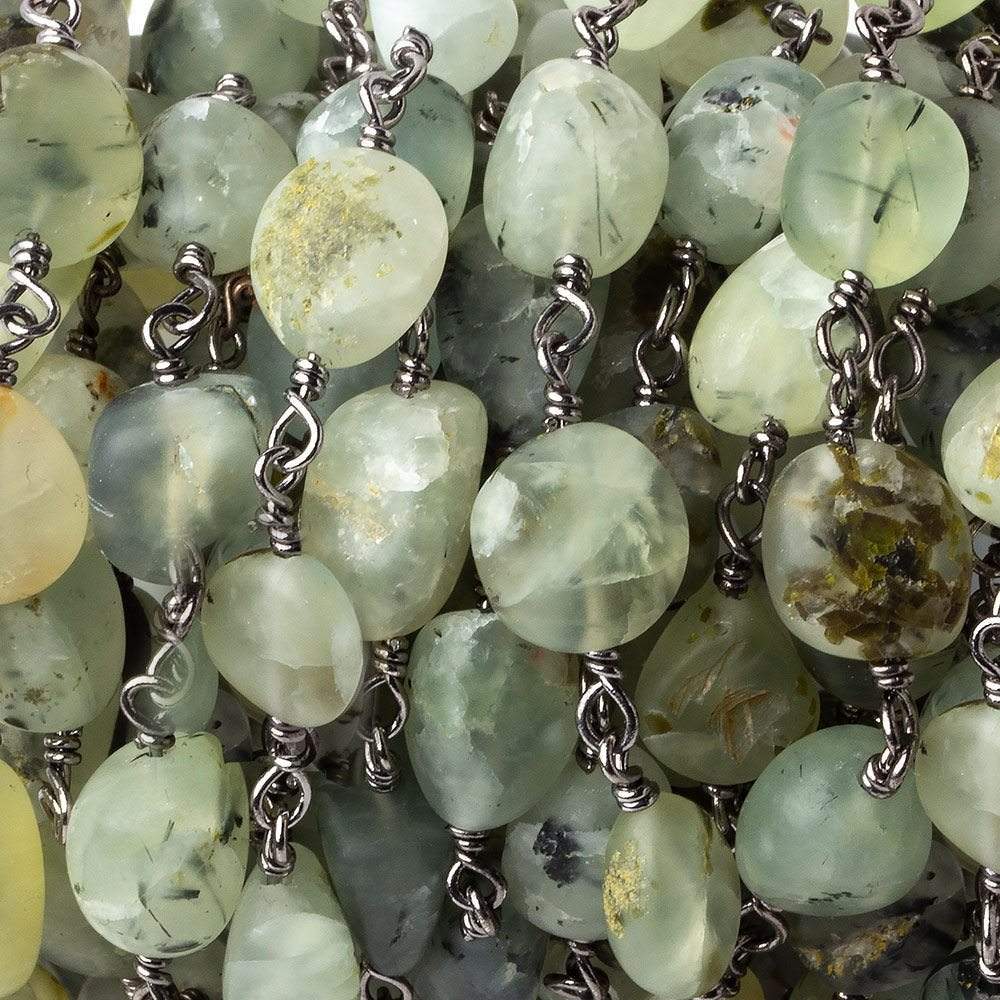  9x6-12x9mm Matte Dendritic Prehnite plain nugget Black Gold plated Chain by the foot 