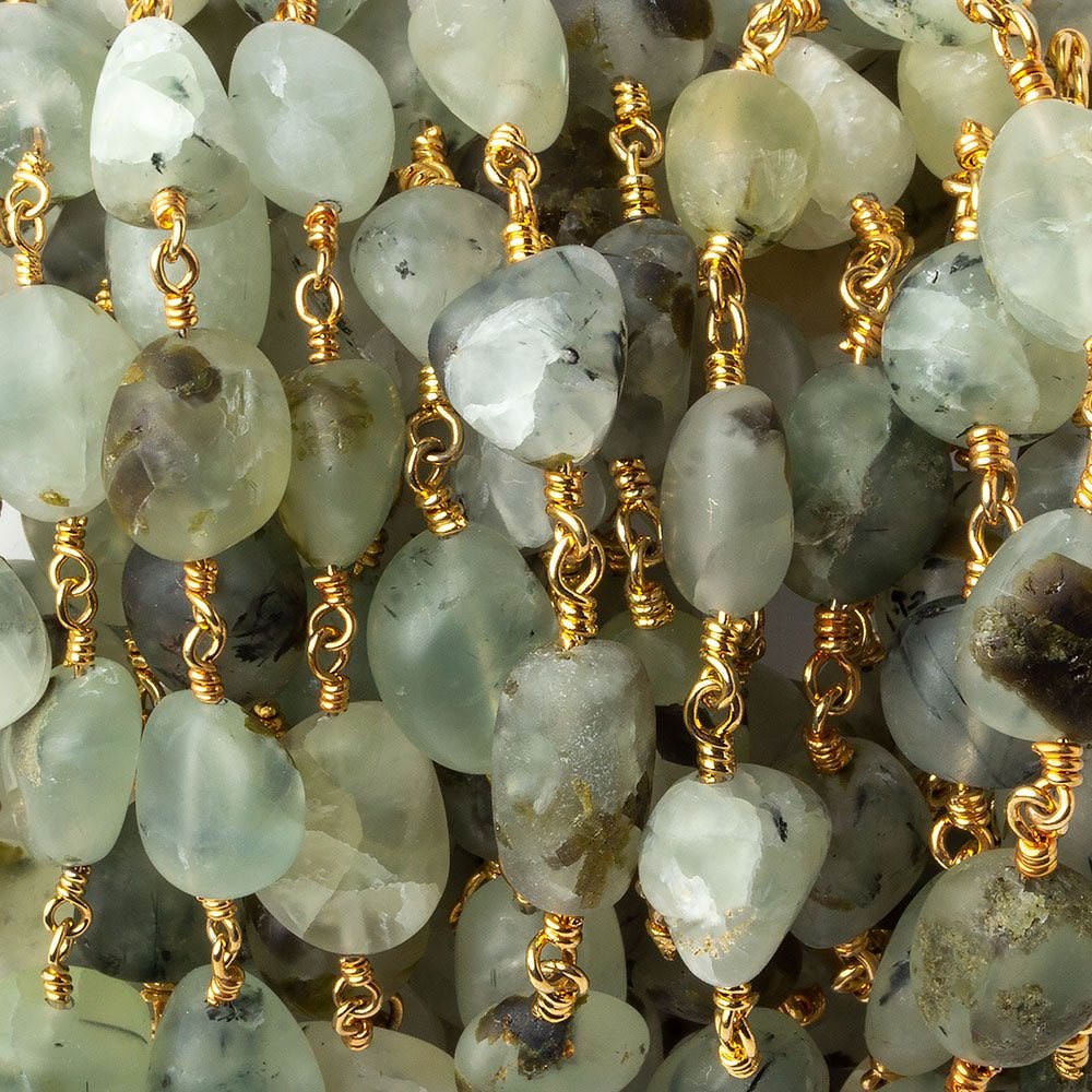  9x6-12x9mm Matte Dendritic Prehnite plain nugget Gold plated Chain by the foot 
