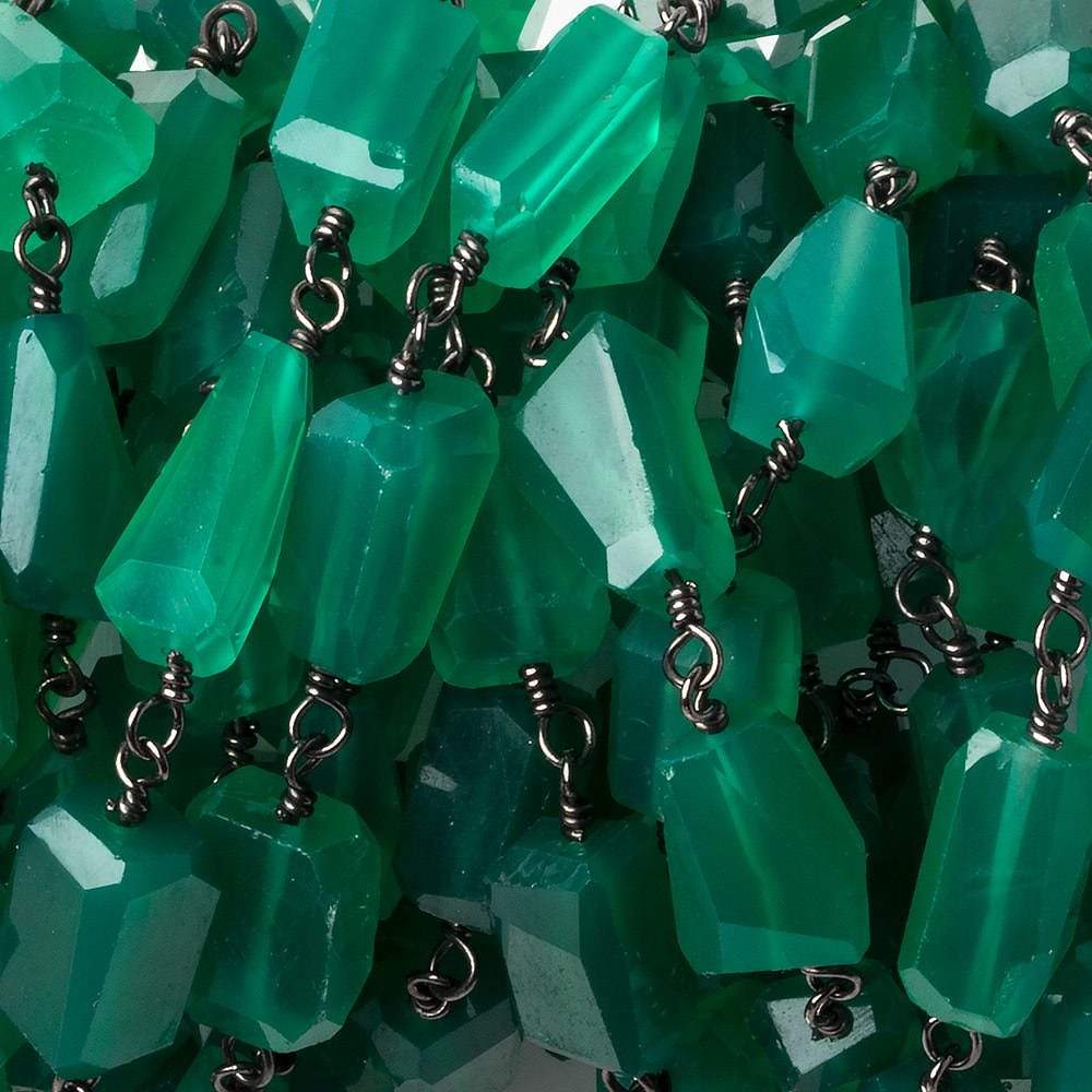 9x7mm Green Onyx faceted nugget Black Gold plated .925 Silver Chain by the foot 22 pcs 