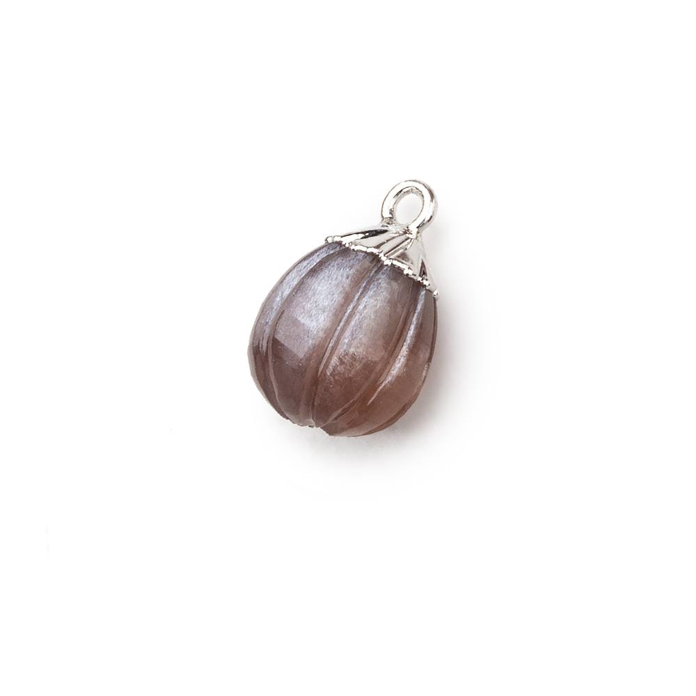  9x8mm Silver Leafed Chocolate Brown Moonstone Carved Melon focal bead Pendant sold as 1 piece 
