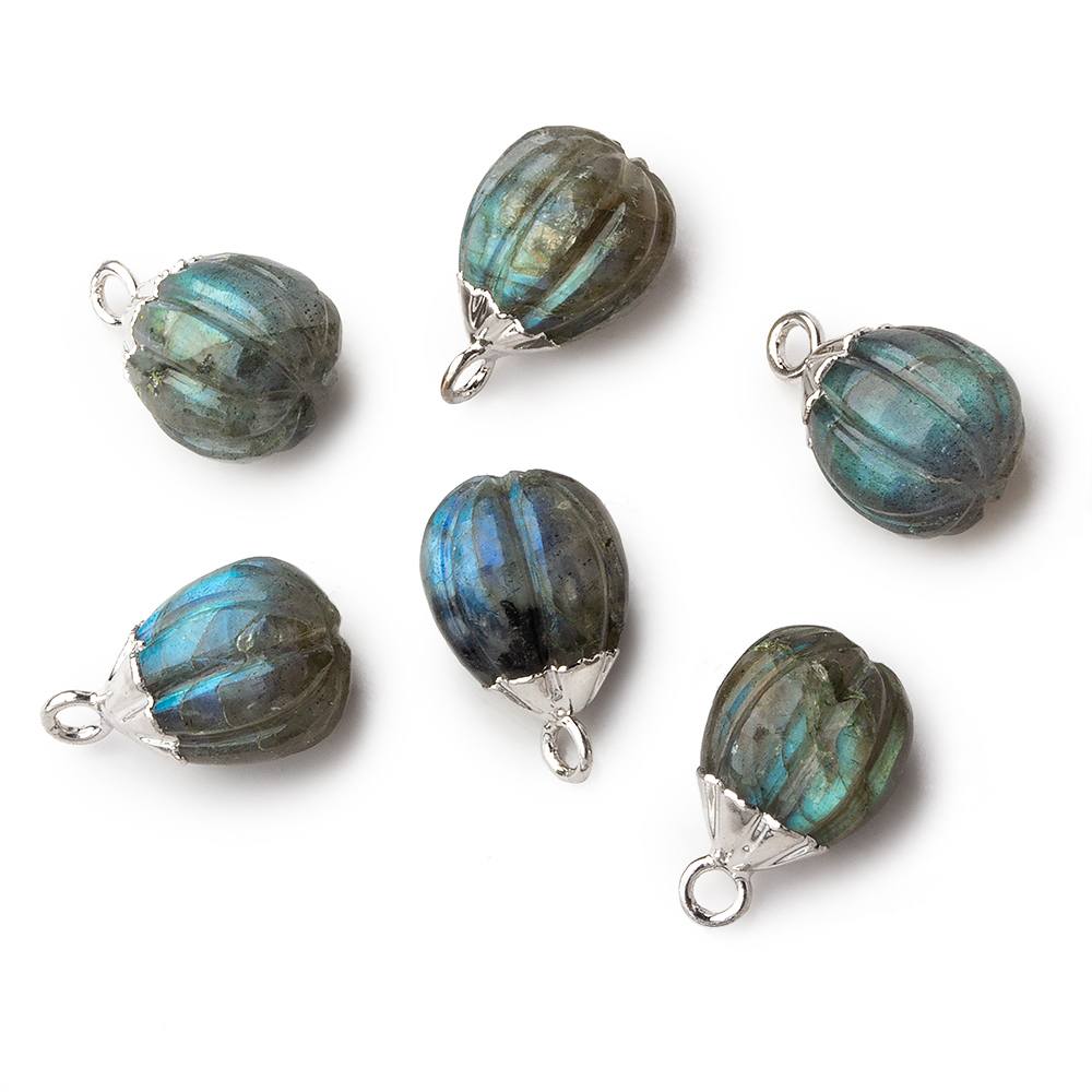  9x8mm Silver Leafed Labradorite Carved Melon focal bead Pendant sold as 1 piece 