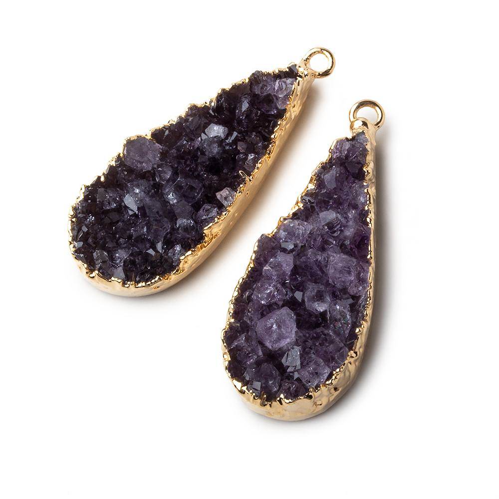  Gold Leafed Amethyst Pear Drusy Pendant Matched Set 2 pieces 33x15x9mm A Grade 