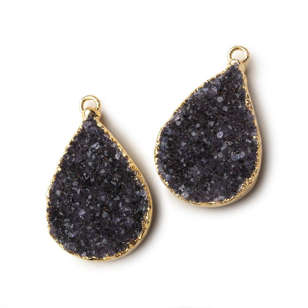  Gold Leafed Grey Black Pear Drusy Pendant Matched Set 2 pieces 25x18x6mm A Grade 