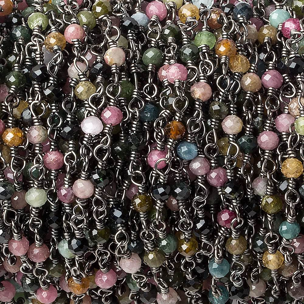  3mm Multi Color Tourmaline micro-faceted round Black Gold plated Chain by the foot 40 beads 