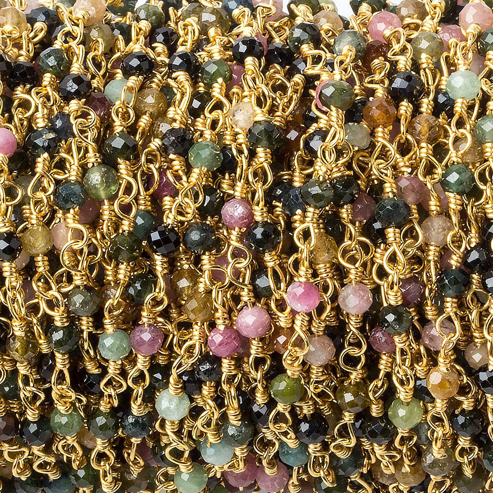  3mm Multi Color Tourmaline micro-faceted round Gold plated Chain by the foot 40 beads 