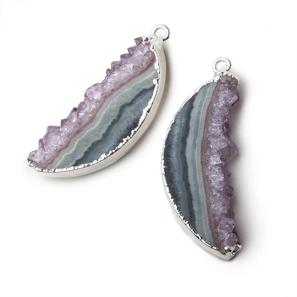  Silver Leafed Amethyst & Matrix Half Moon Drusy Pendant Set of 2 pieces 34x15x5.5mm A Grade 