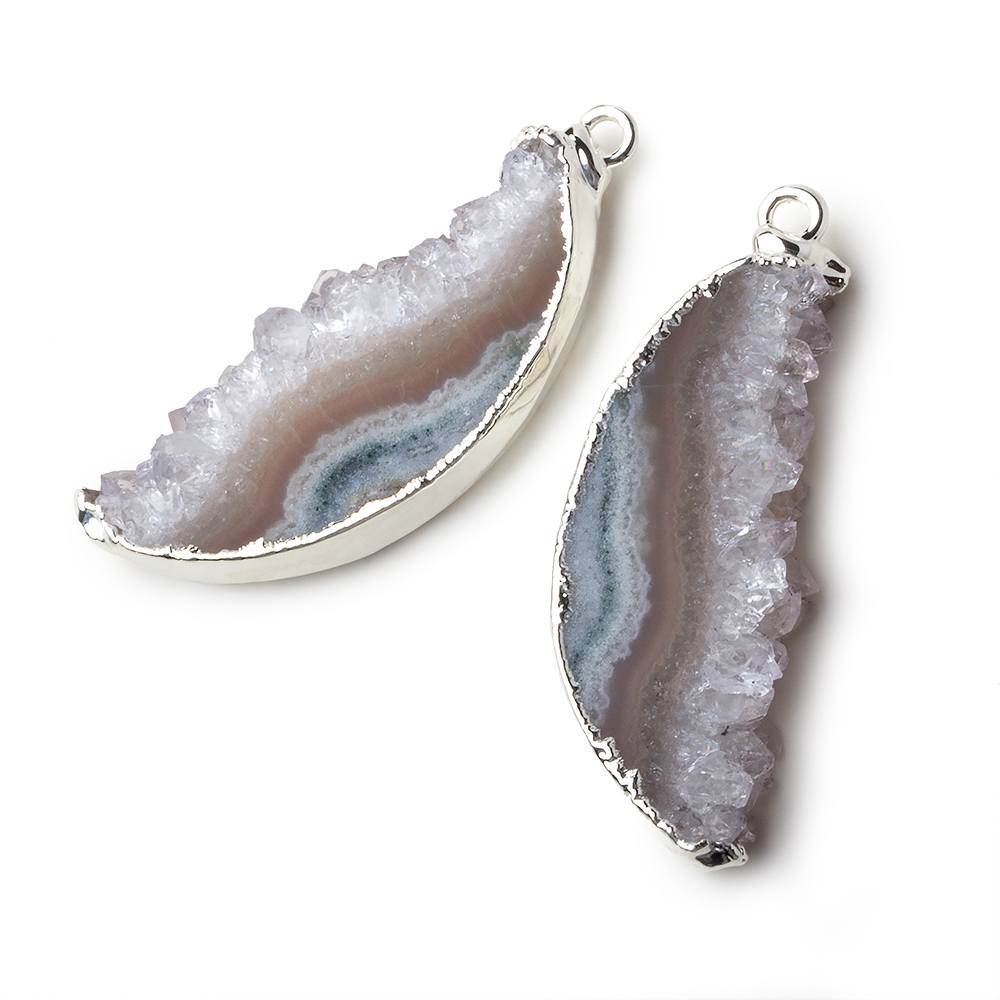  Silver Leafed Amethyst & Matrix Half Moon Drusy Pendant Set of 2 pieces 36x14x6mm A Grade 