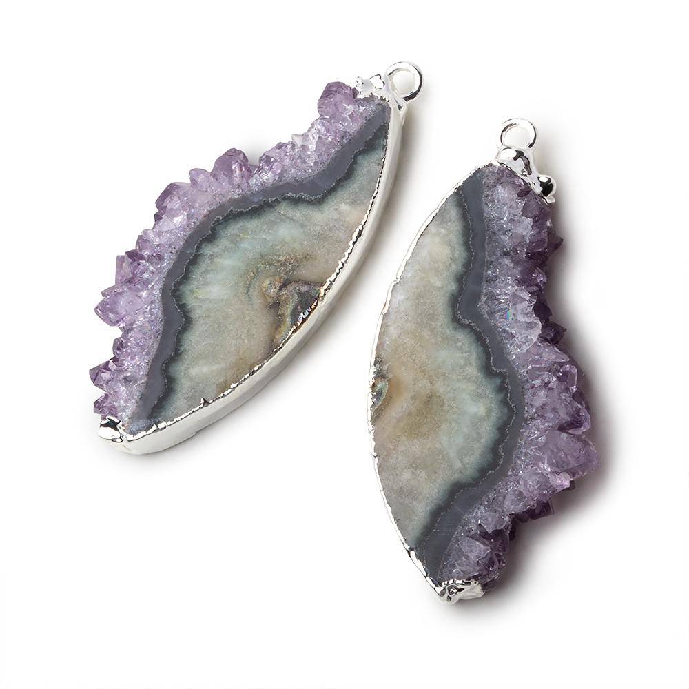  Silver Leafed Amethyst & Matrix Half Moon Drusy Pendant Set of 2 pieces 38x18x5.5mm A Grade 
