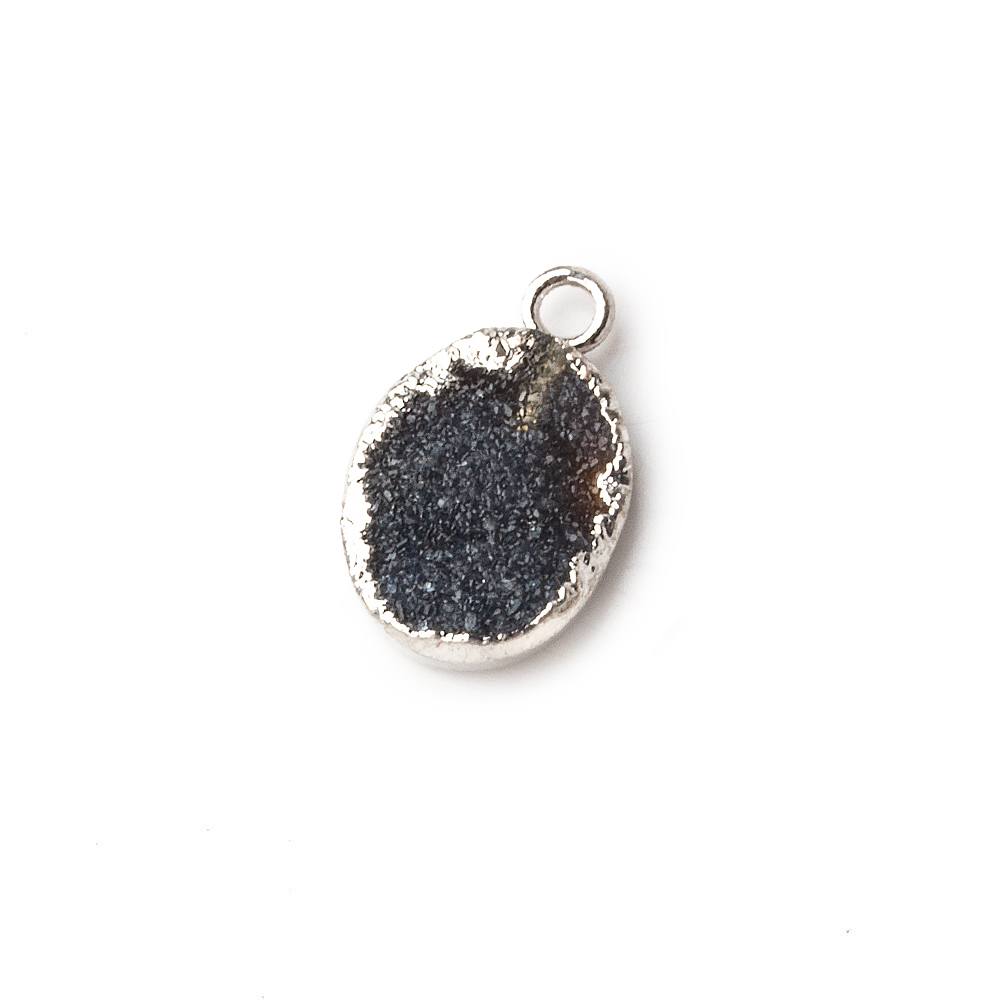  Silver leafed Black Agate Drusy Oval Pendant 1 focal bead 11x8mm 