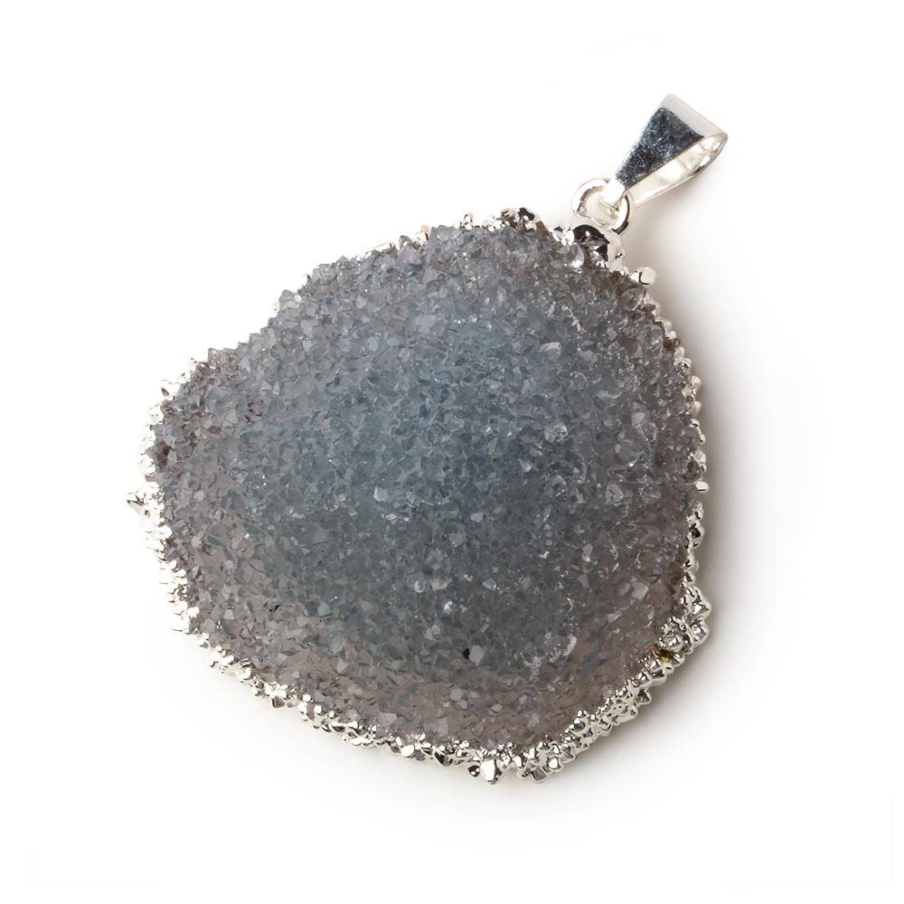  Silver Leafed Blue Grey Convex Drusy Pendant with Bail 1 focal bead 33x36x16mm A Grade 