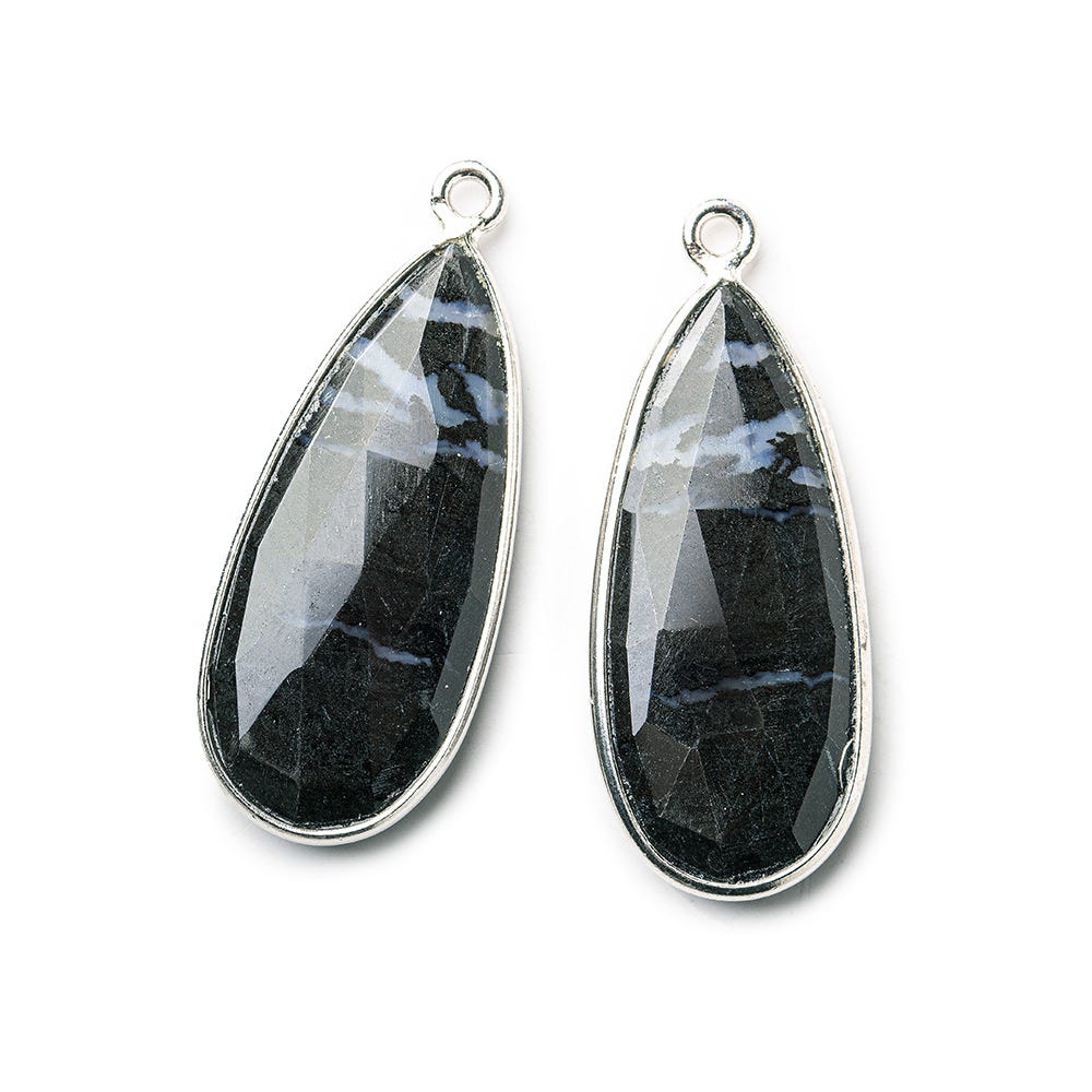  Sterling Silver Bezel Banded Onyx Elongated Faceted Pear Set of 2 Pendants 28x13mm 