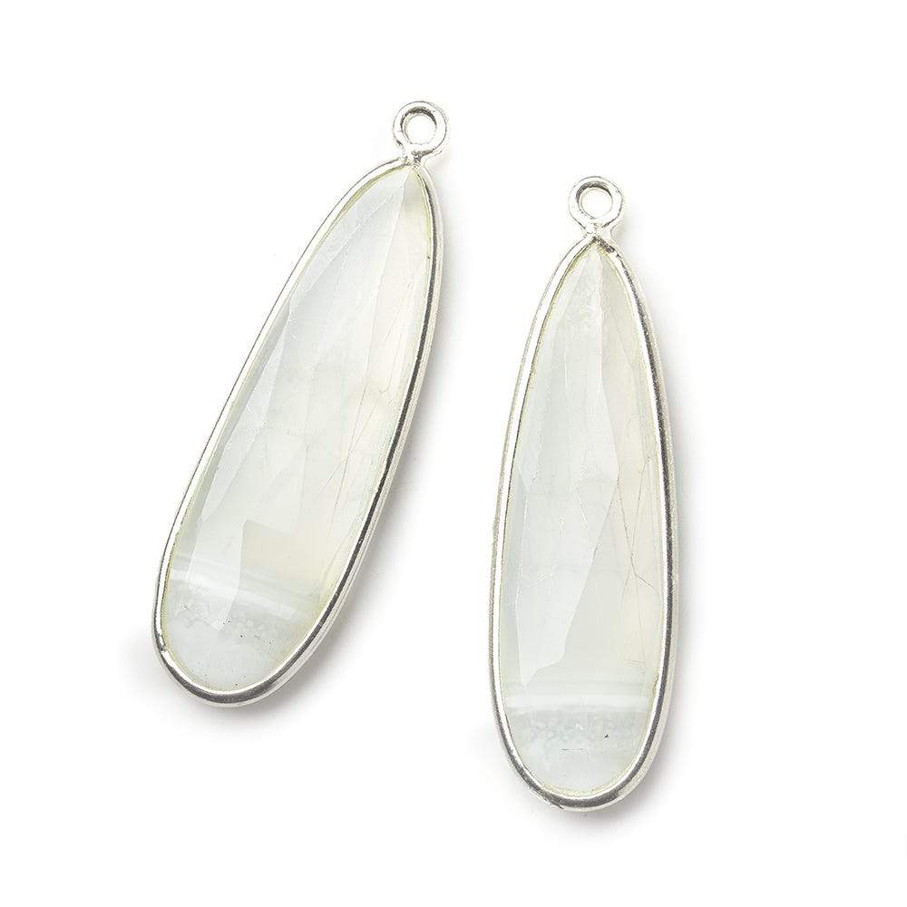  Sterling Silver Bezel Banded White Agate Elongated Faceted Pear Set of 2 Pendants 35x12mm 