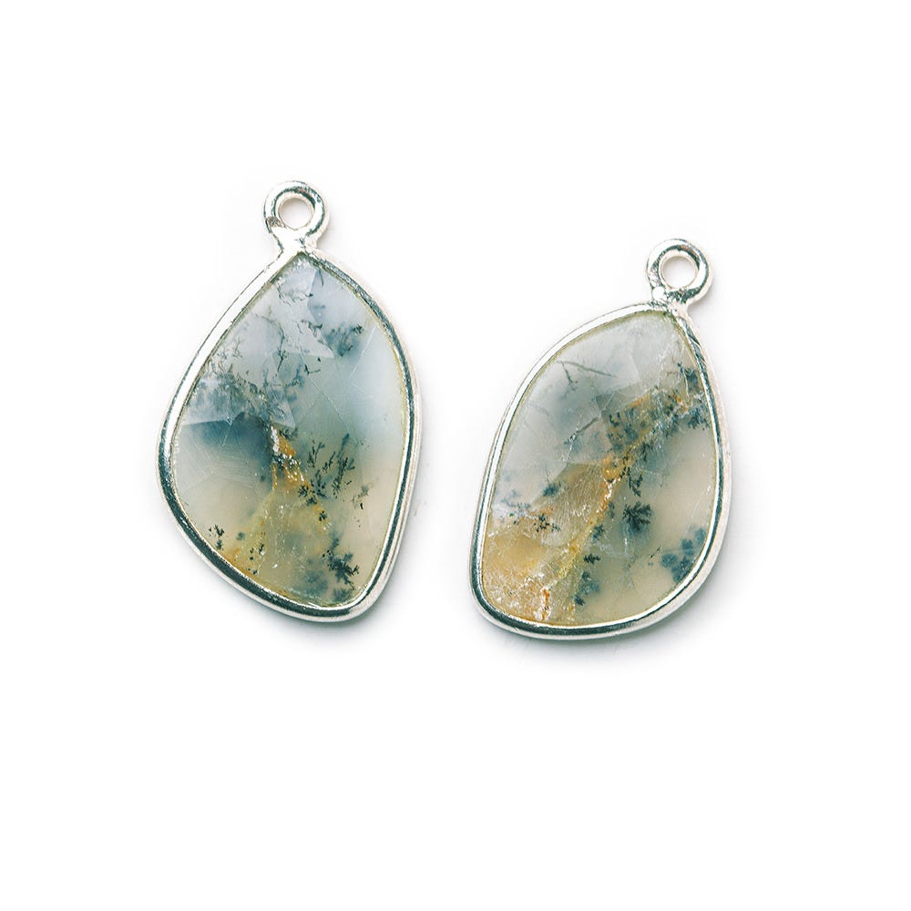  Sterling Silver Bezel Dendritic Opal Freeform Shape Set of 2 Pendants 19x13mm 