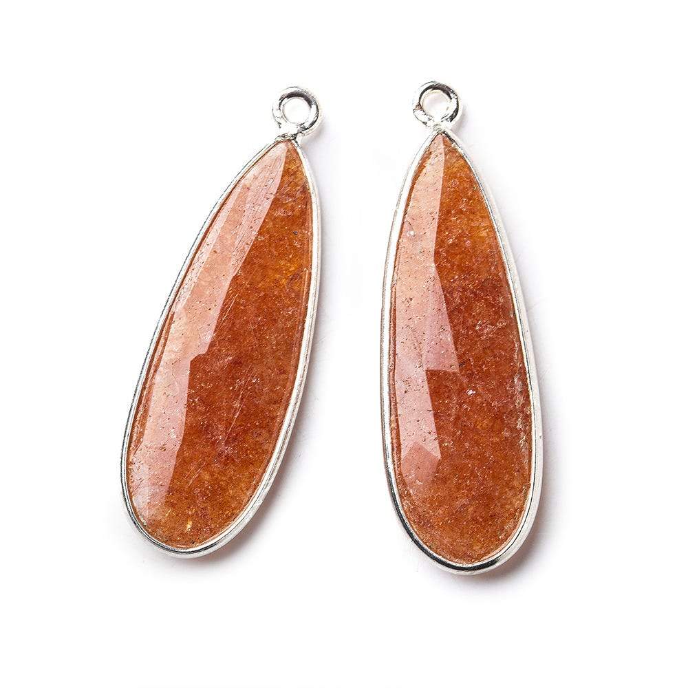  Sterling Silver Bezel Peach Blush Aventurine Elongated Faceted Pear Set of 2 Pendants 30x12mm 
