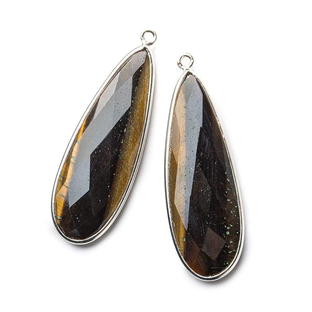  Sterling Silver Bezel Tiger's Eye Elongated Faceted Pear Set of 2 Pendants 43x15mm 