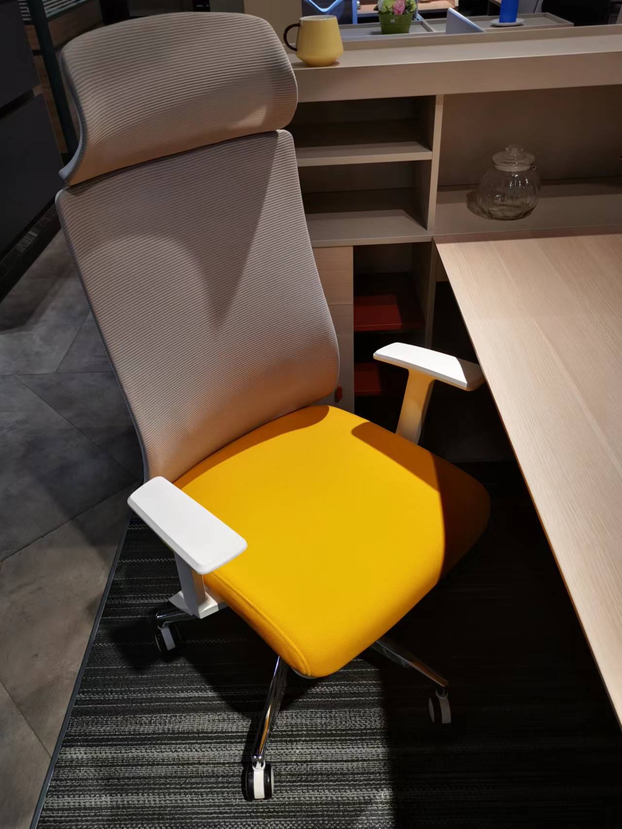 VOFFOV® Mesh Ergonomic Chair, Premium Office & Computer Chair with Adjustable Headrest - Yellow Grey