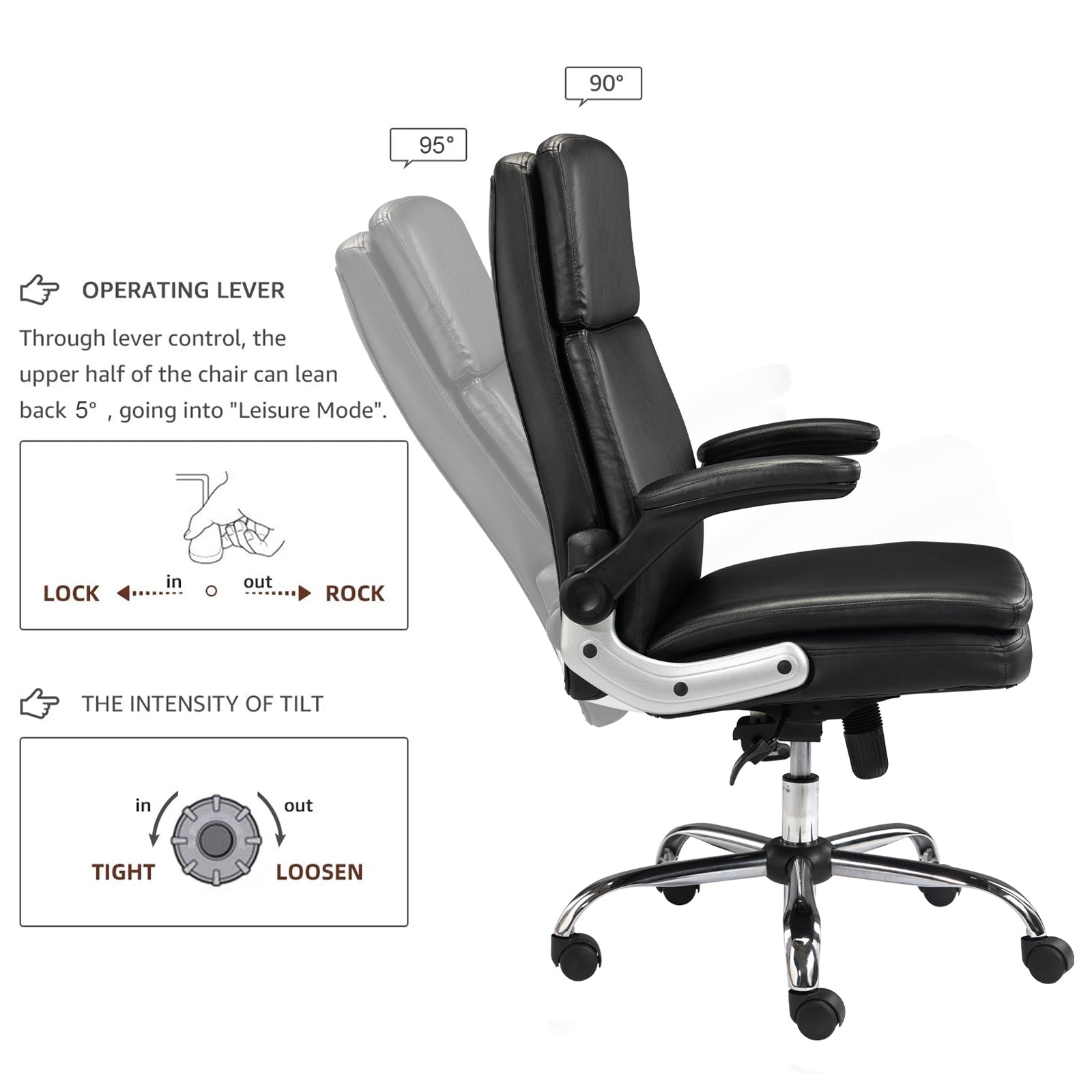VOFFOV® Ergonomic Office Chair with Flip up Arms and Wheels Executive Office Desk Chairs Leather Black Computer Chairs
