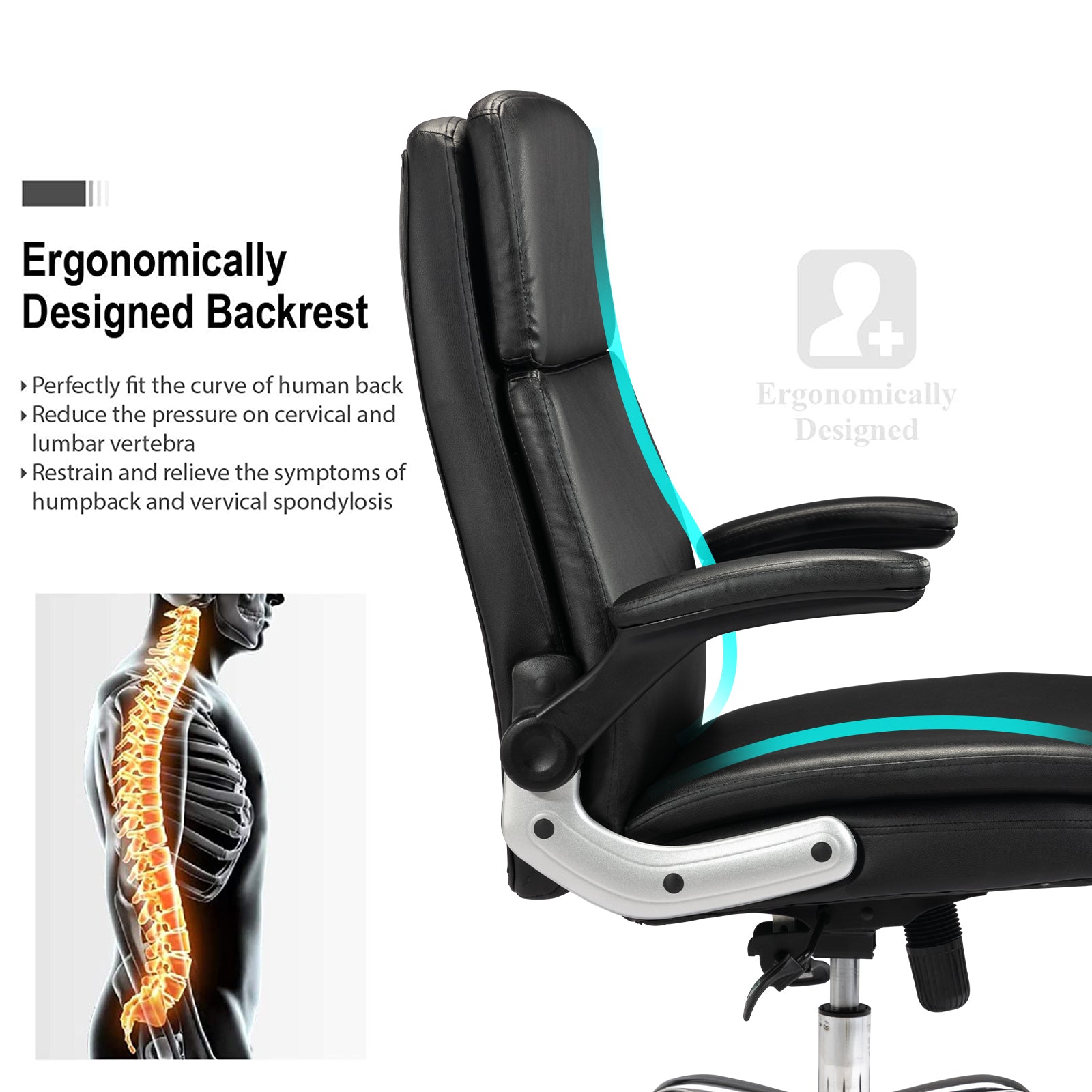 VOFFOV® Ergonomic Office Chair with Flip up Arms and Wheels Executive Office Desk Chairs Leather Black Computer Chairs