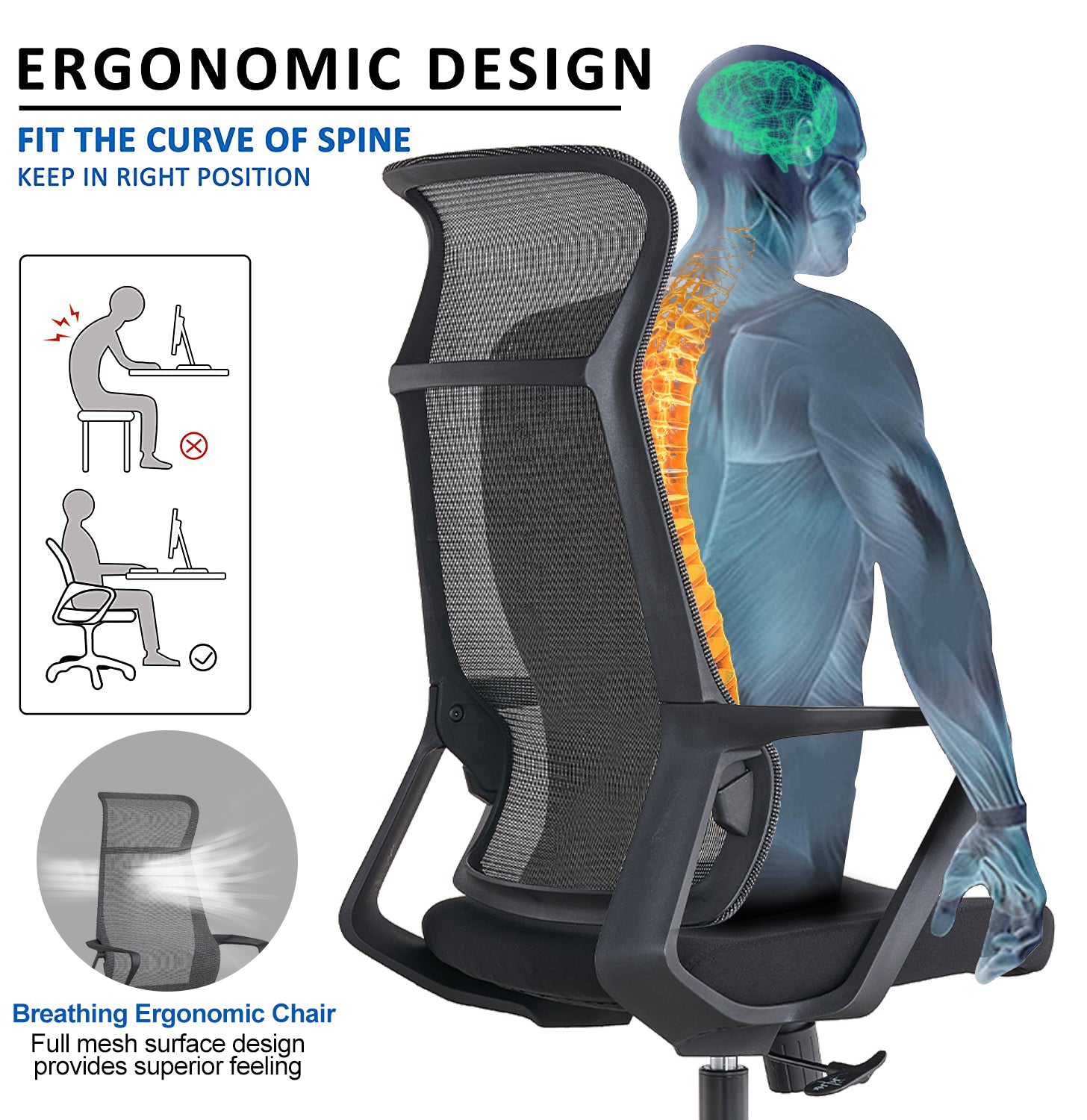 VOFFOV® Ergonomic Office Chair with Headrest