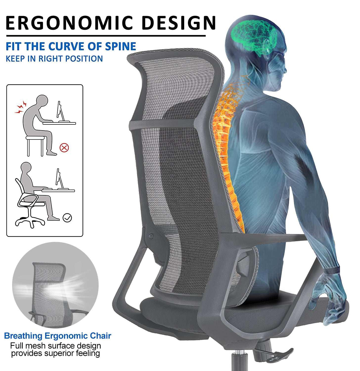 VOFFOV® Ergonomic Office Manager Chair with Headrest