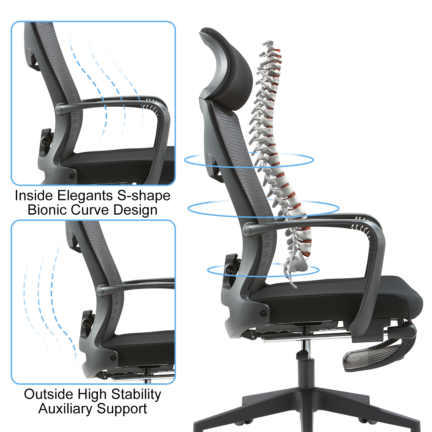 VOFFOV® Fish Bone Shape Lumbar Support Ergonomic Chair with Headrest Footrest