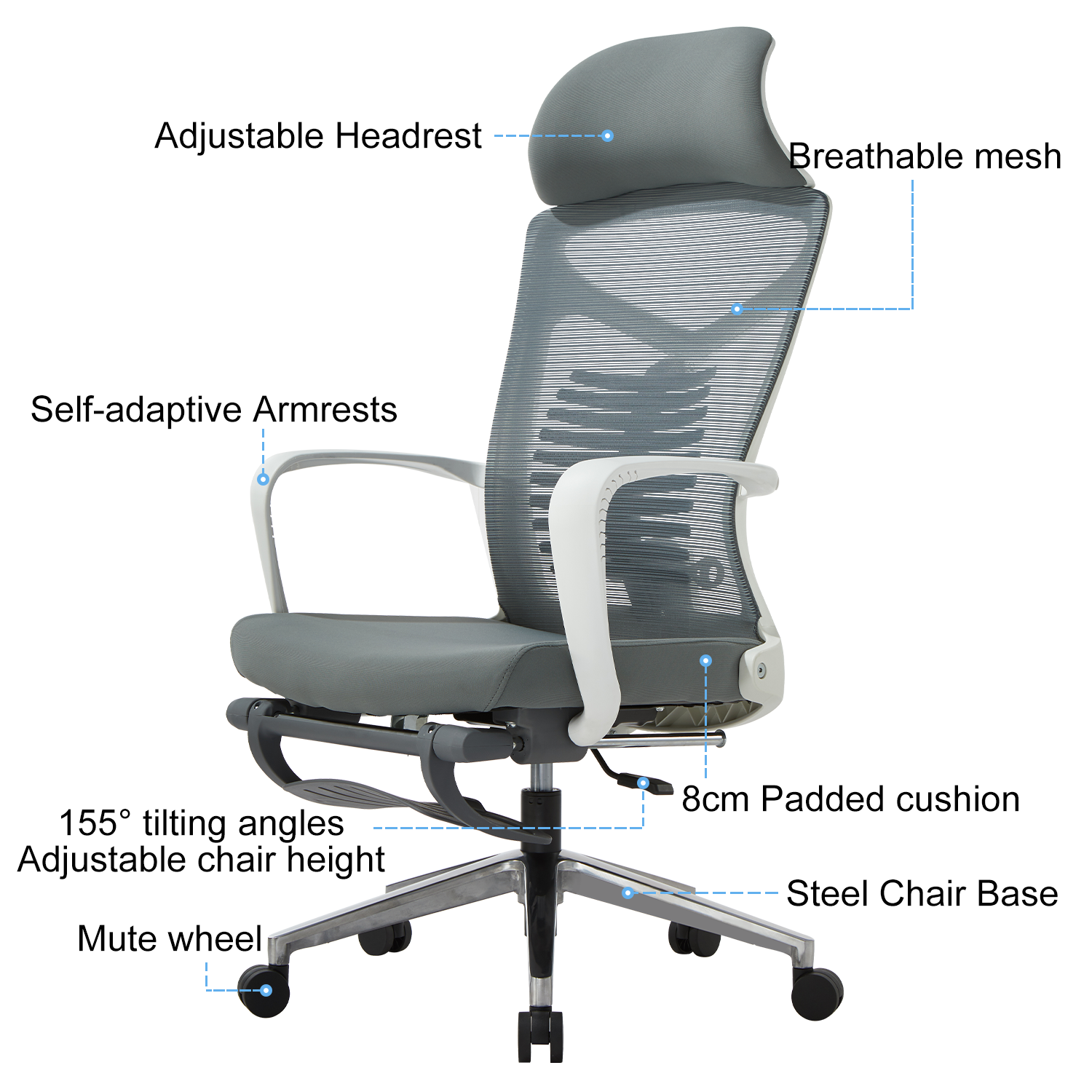 VOFFOV® Lumbar Support Ergonomic Chair with Headrest Footrest