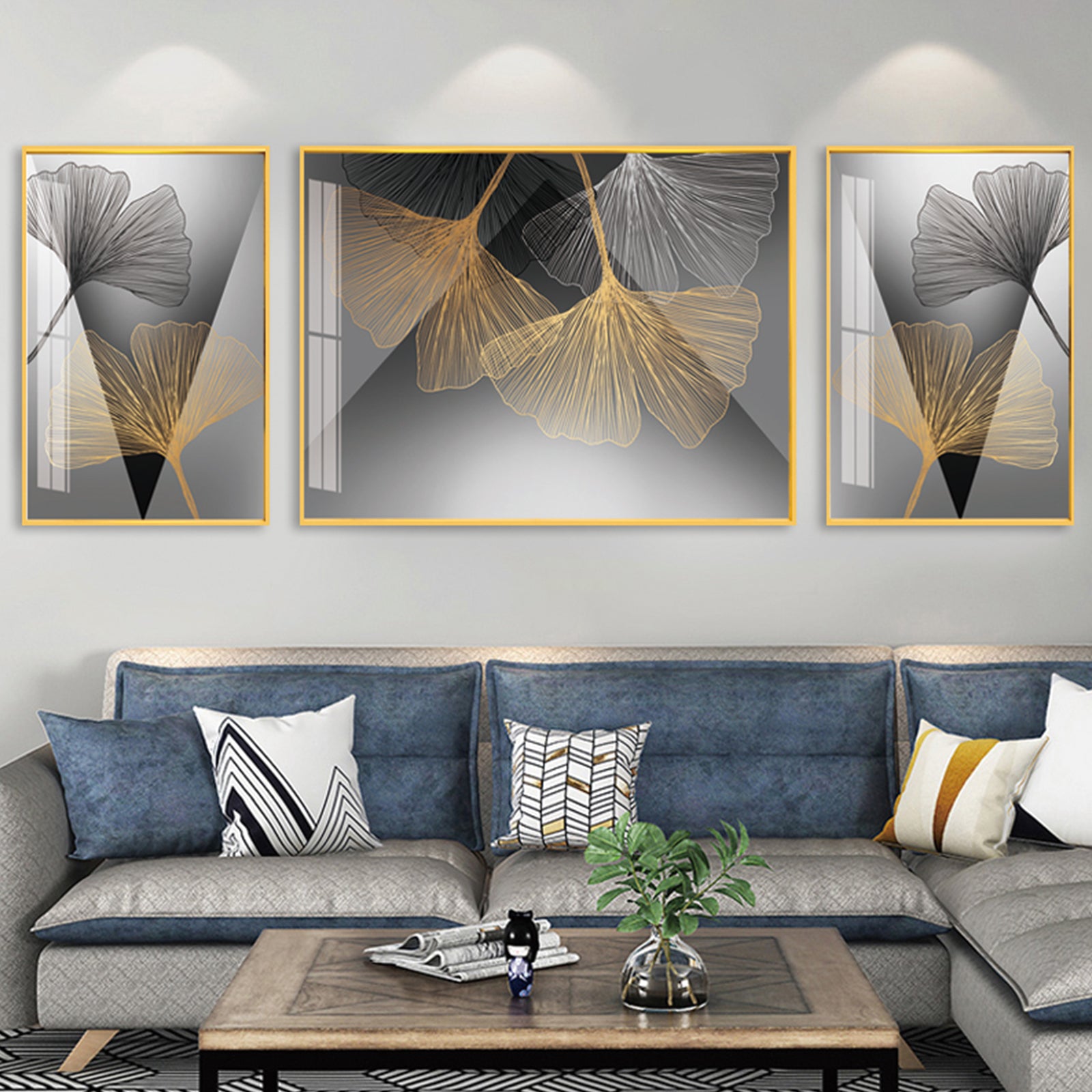 VOFFOV® Golden Ginkgo Leaves Wall Art For Living Room 3PCS