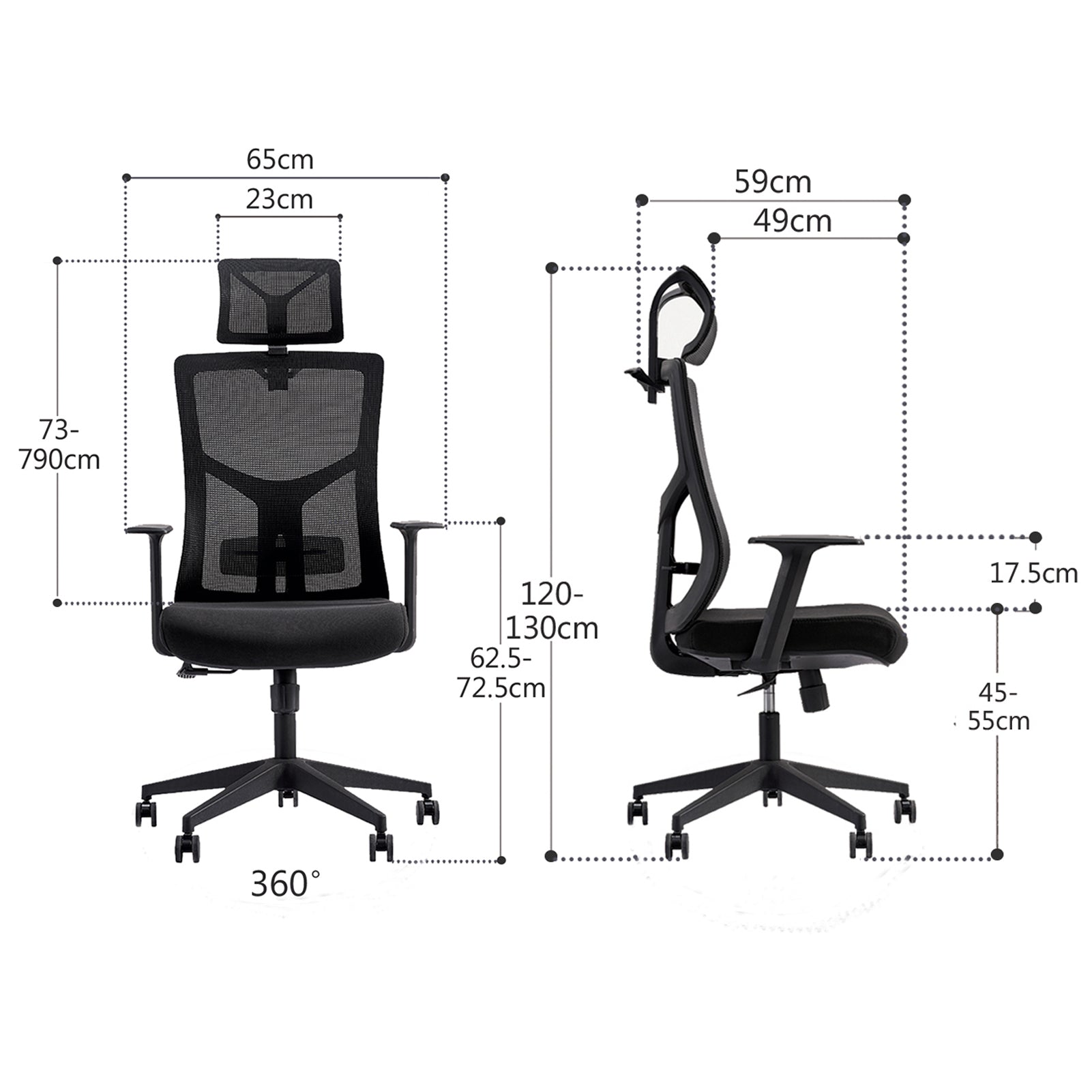 VOFFOV® ergonomic high-back mesh office chair with adjustable armrests, lumbar support, headrest - Black