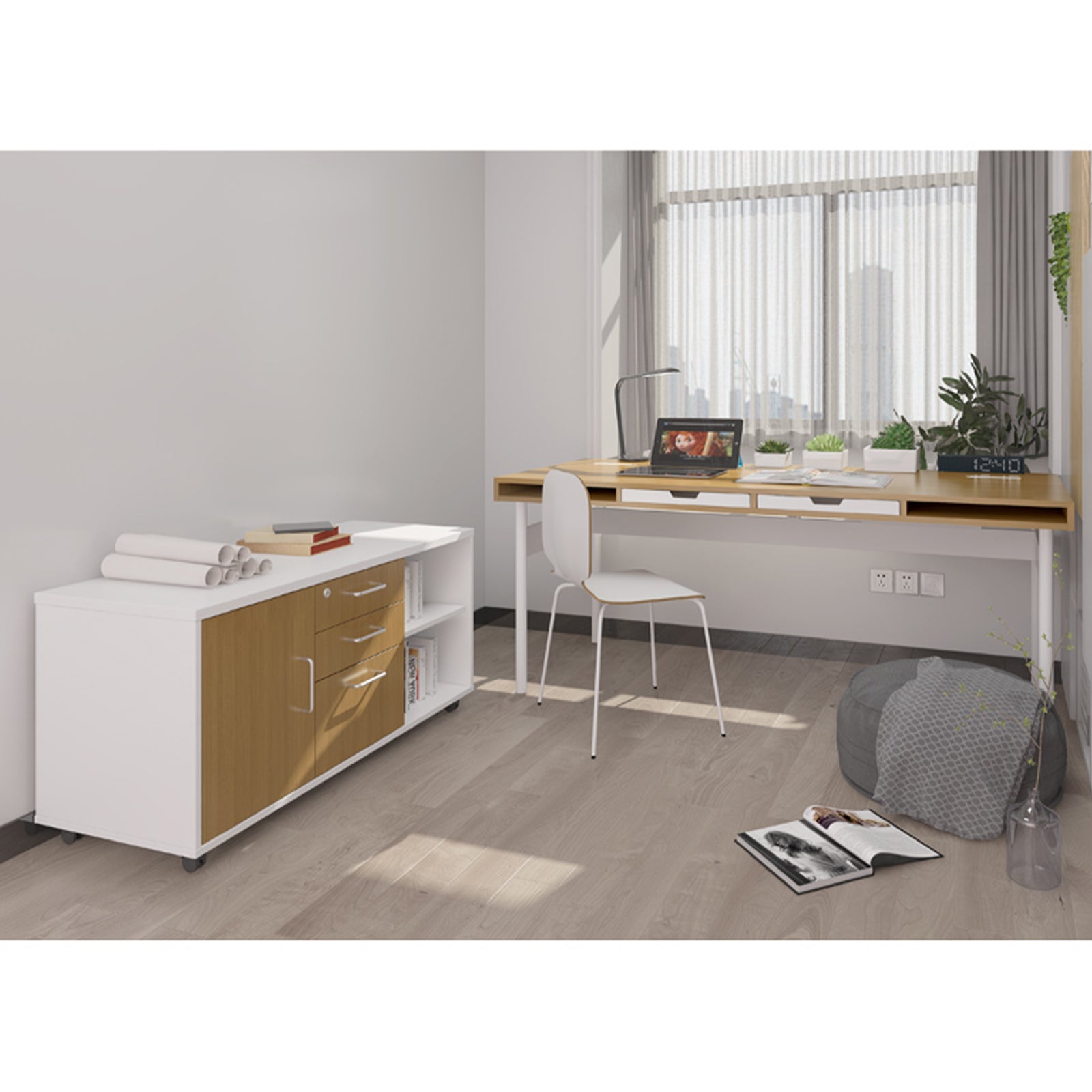 VOFFOV® Home Office Computer Desk w/ Pull-Out Drawer (Whitout Side Table)