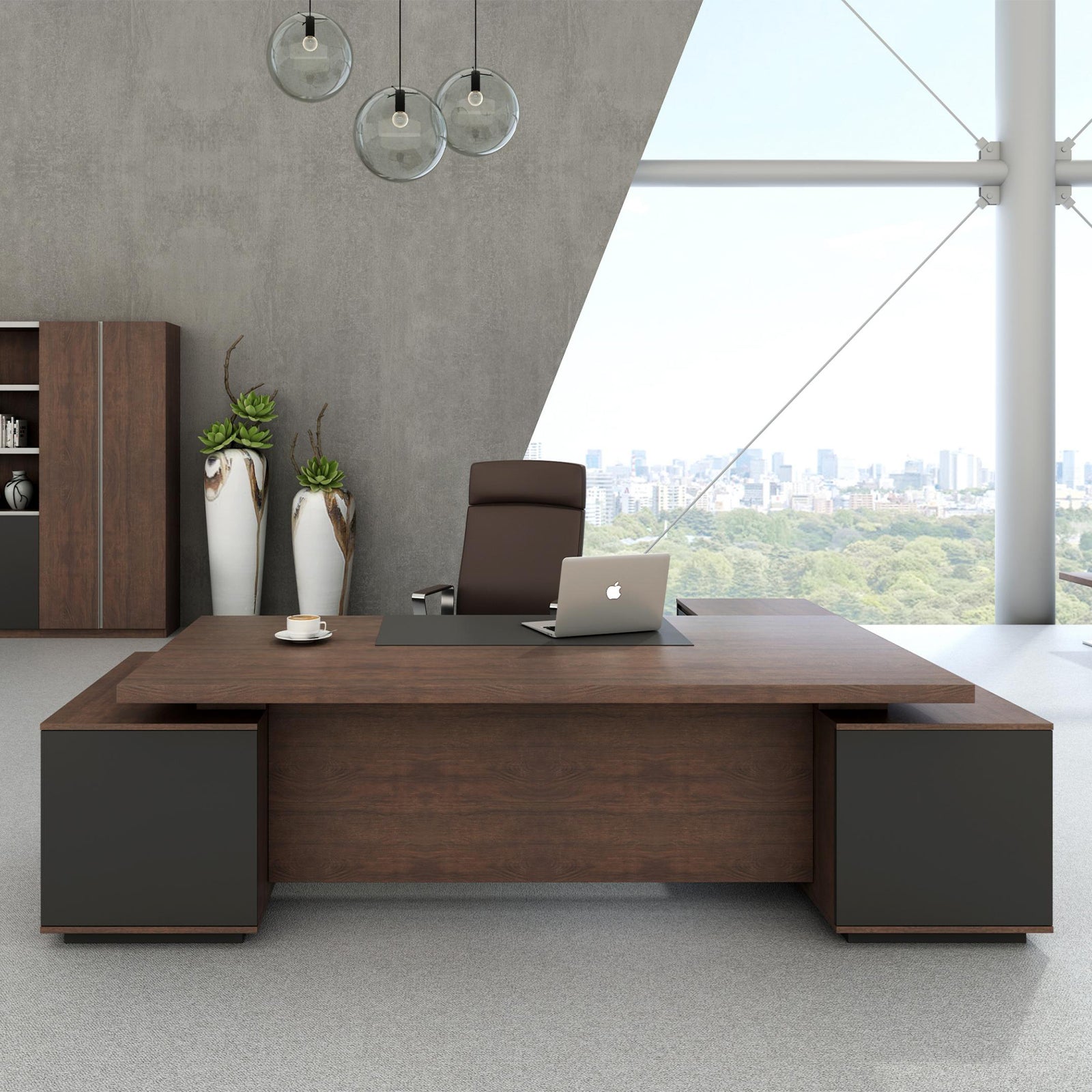 VOFFOV® Office L-Shape Executive Desk with 2 Side Tables