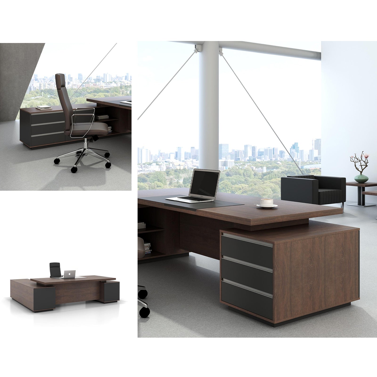 VOFFOV® Office L-Shape Executive Desk with 2 Side Tables