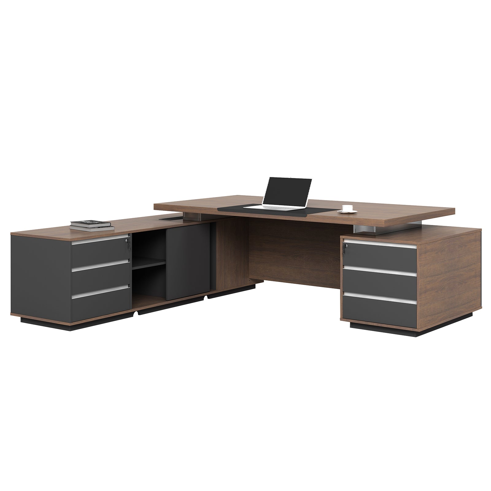 VOFFOV® Office L-Shape Executive Desk with 2 Side Tables