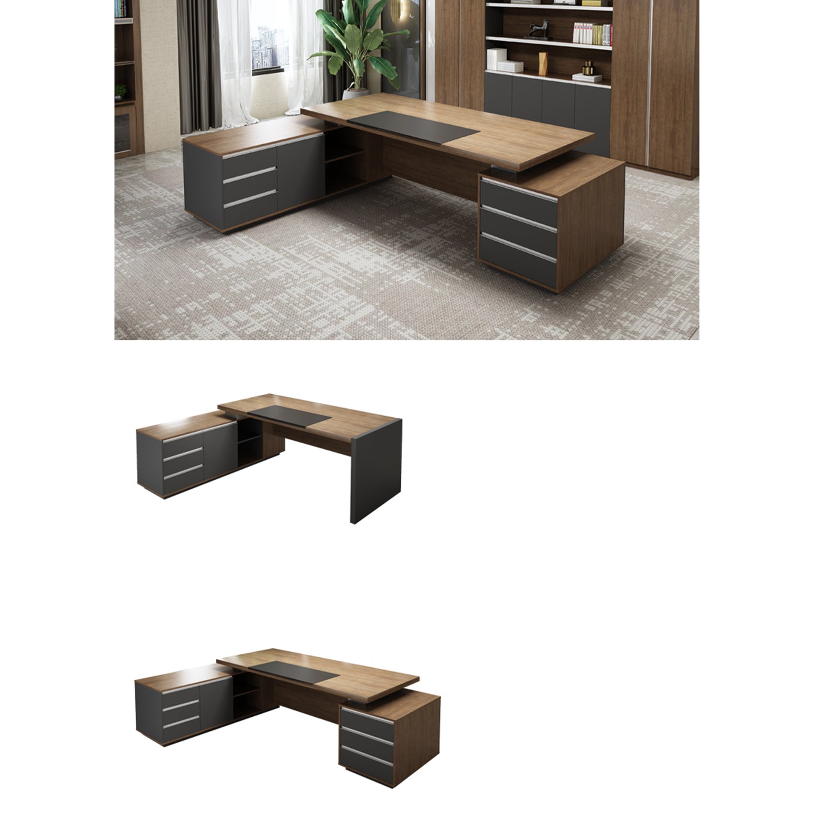 VOFFOV® Office L-Shape Executive Desk with 2 Side Tables