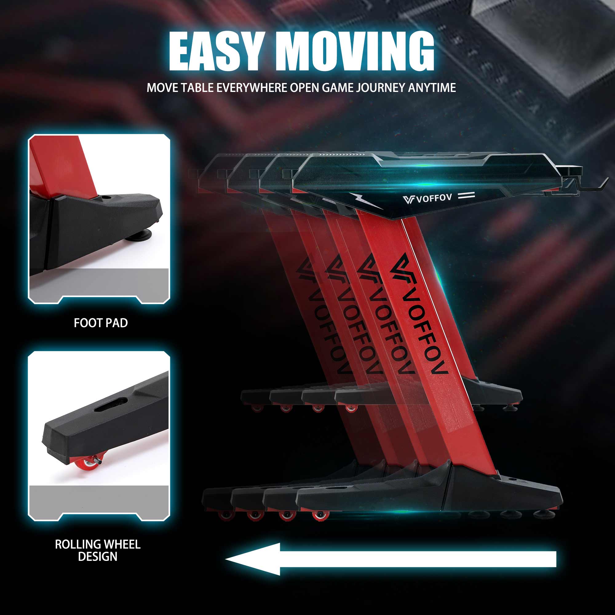 VOFFOV Gaming Desk w/ LED Lighting Red