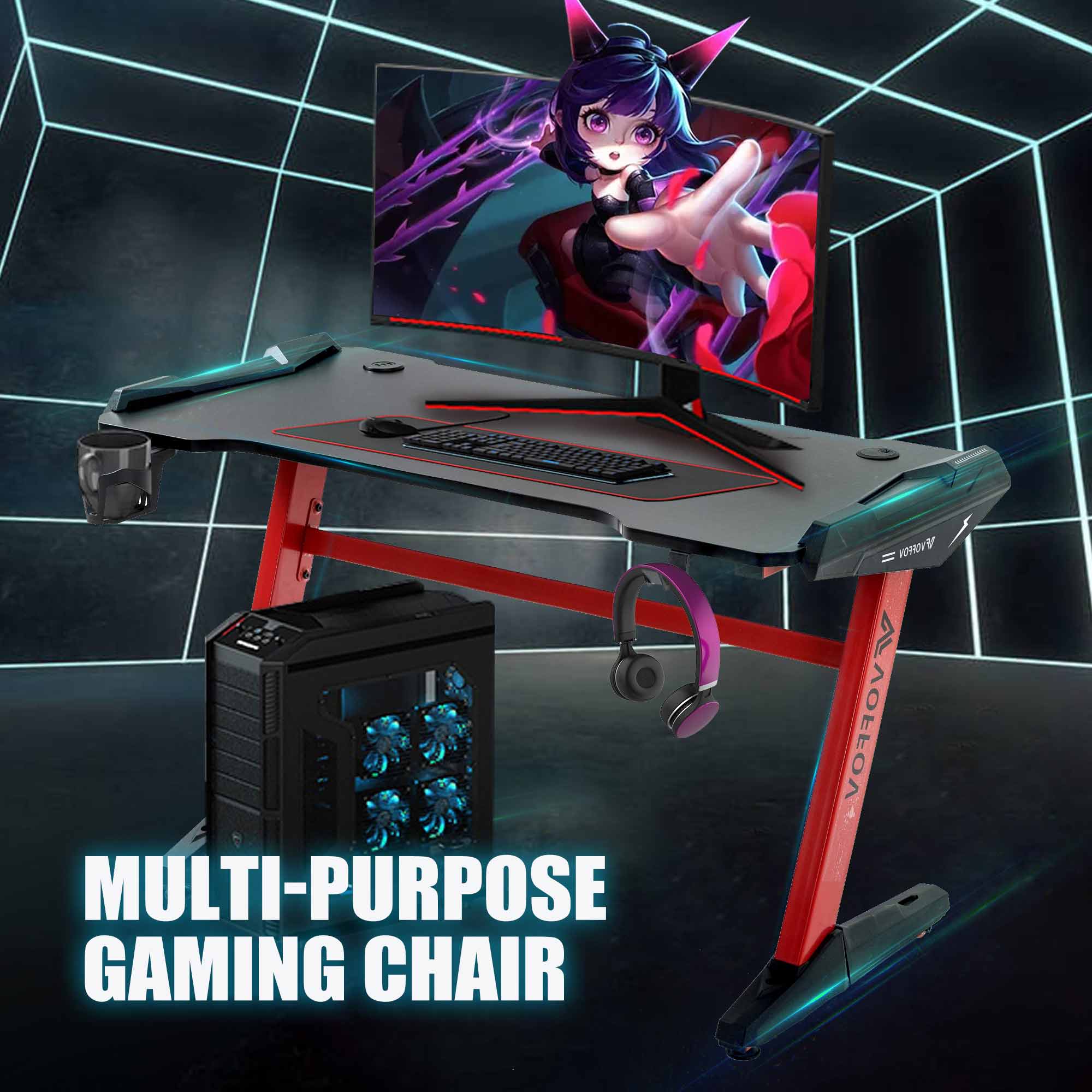 VOFFOV Gaming Desk w/ LED Lighting Red