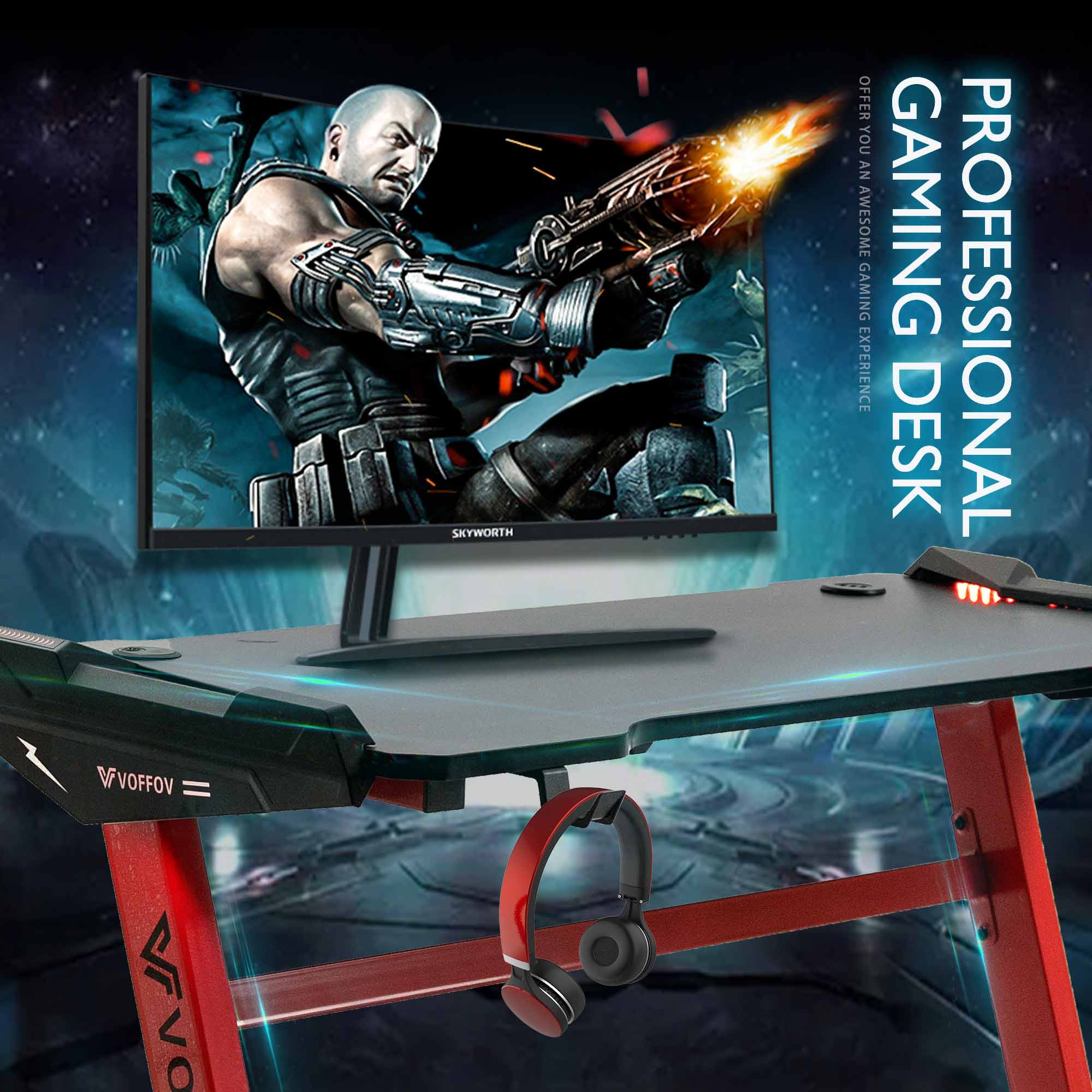 VOFFOV Gaming Desk w/ LED Lighting Red